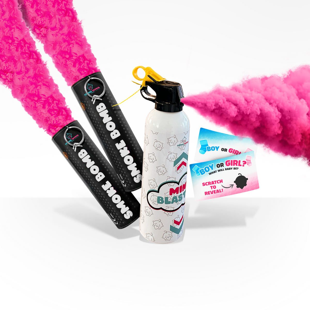 Pink gender reveal smoke bombs and mini blaster releasing pink smoke with scratch cards for gender reveal party bundle