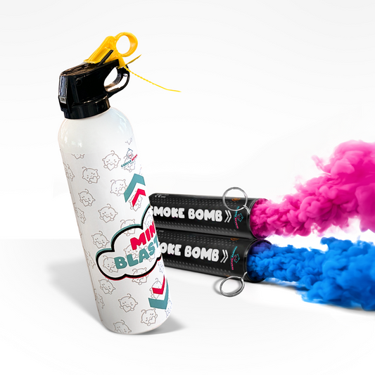 Mini Blaster with two black smoke bombs releasing blue and pink powder for gender reveal celebrations on white background