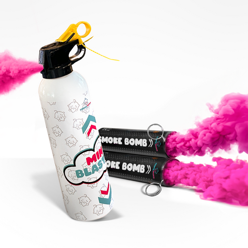 Gender reveal mini blaster and smoke bombs releasing vibrant pink powder for celebration bundle display
