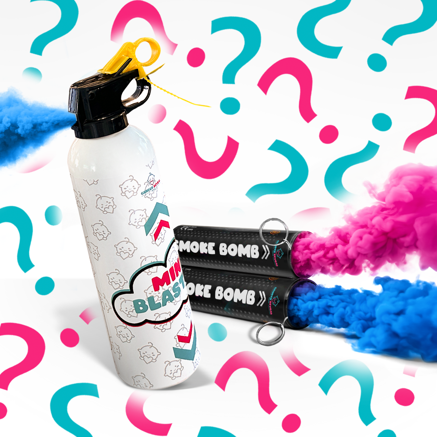 Mini blaster and smoke bombs releasing blue and pink powder for gender reveal celebrations with question mark background
