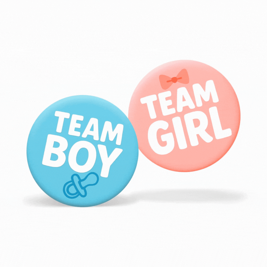 Boutique Custom Gender Reveal Party Badges 20 Pack featuring blue Team Boy and pink Team Girl buttons with icons.