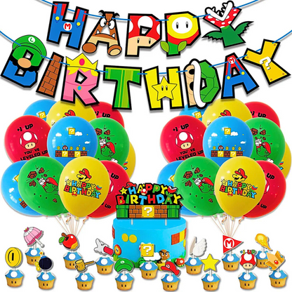 Super Mario Theme Full Party Set featuring colorful birthday banner, themed balloons, character cupcake toppers, and cake topper, showcasing iconic Mario game elements in vibrant red, blue, green, and yellow against white background