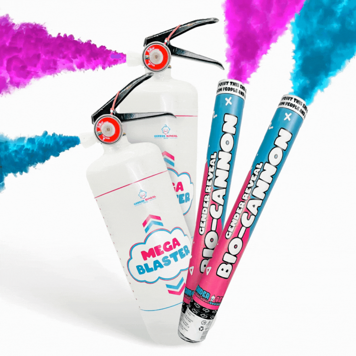 Double MEGA Powder Extinguisher and Gender Reveal Cannon Bundle releasing pink and blue powder in celebration.