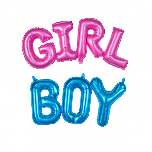 BOY/ GIRL Foil Air Fill Gender Reveal Balloons in pink and blue for easy and fun gender reveal party decoration.