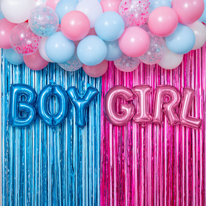 BOY/ GIRL Foil Air Fill Gender Reveal Balloons in blue and pink with matching balloons and shiny backdrop decoration.