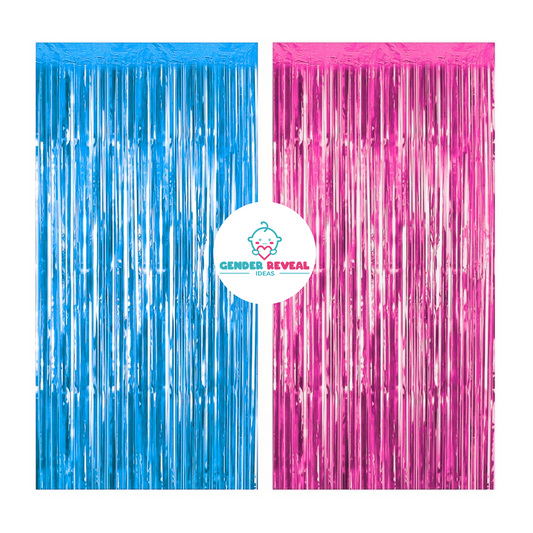 Gender Reveal Foil Party Curtain featuring side-by-side metallic fringe curtains in bright blue and pink, with a white circular logo in the center, creating a shimmering backdrop perfect for gender reveal celebrations