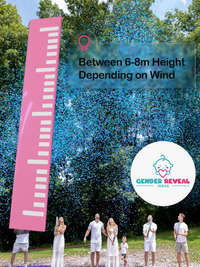 Gender Reveal Confetti Cannon XL 50cm showcasing vibrant blue confetti explosion reaching 6-8m height against green trees, with pink measurement scale display and company logo. Outdoor demonstration showing confetti blast radius and height capability.