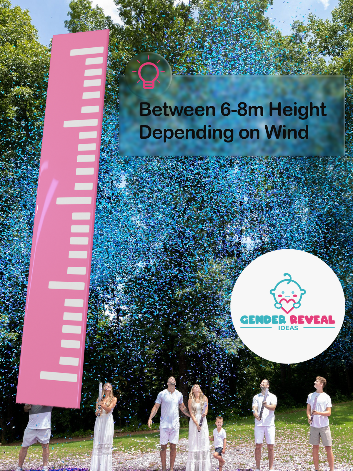 Gender Reveal Confetti Cannon XL 50cm showcasing vibrant blue confetti explosion reaching 6-8m height against green trees, with pink measurement scale display and company logo. Outdoor demonstration showing confetti blast radius and height capability.