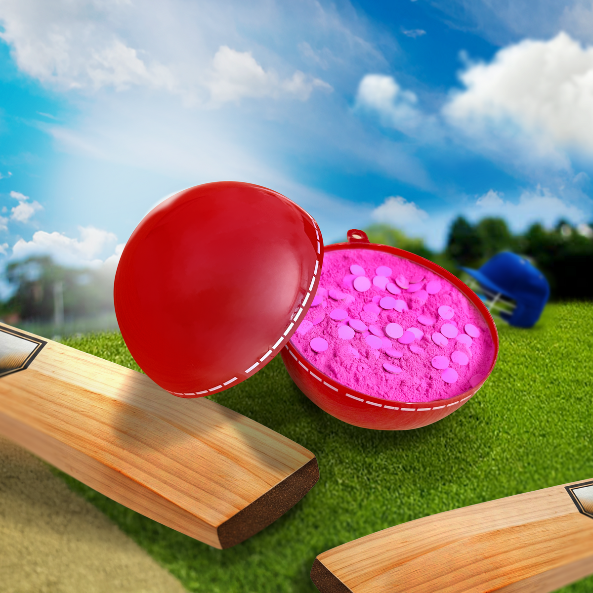 Gender reveal cricket ball split open showing pink powder inside on cricket field with blue sky and wooden bats