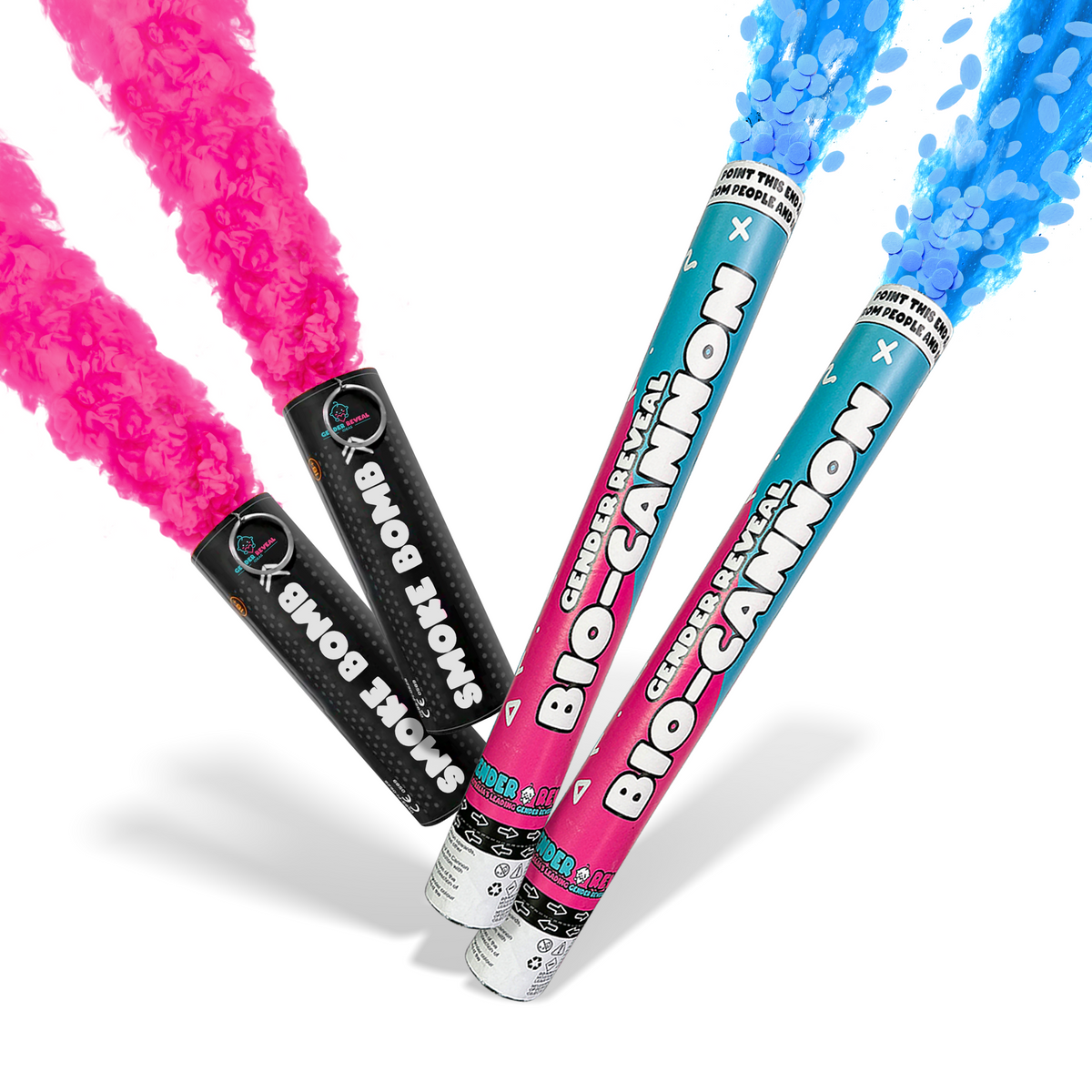 Double Gender Reveal Smoke & Cannon Bundle with vibrant pink smoke bombs and blue confetti cannons for gender reveal parties.