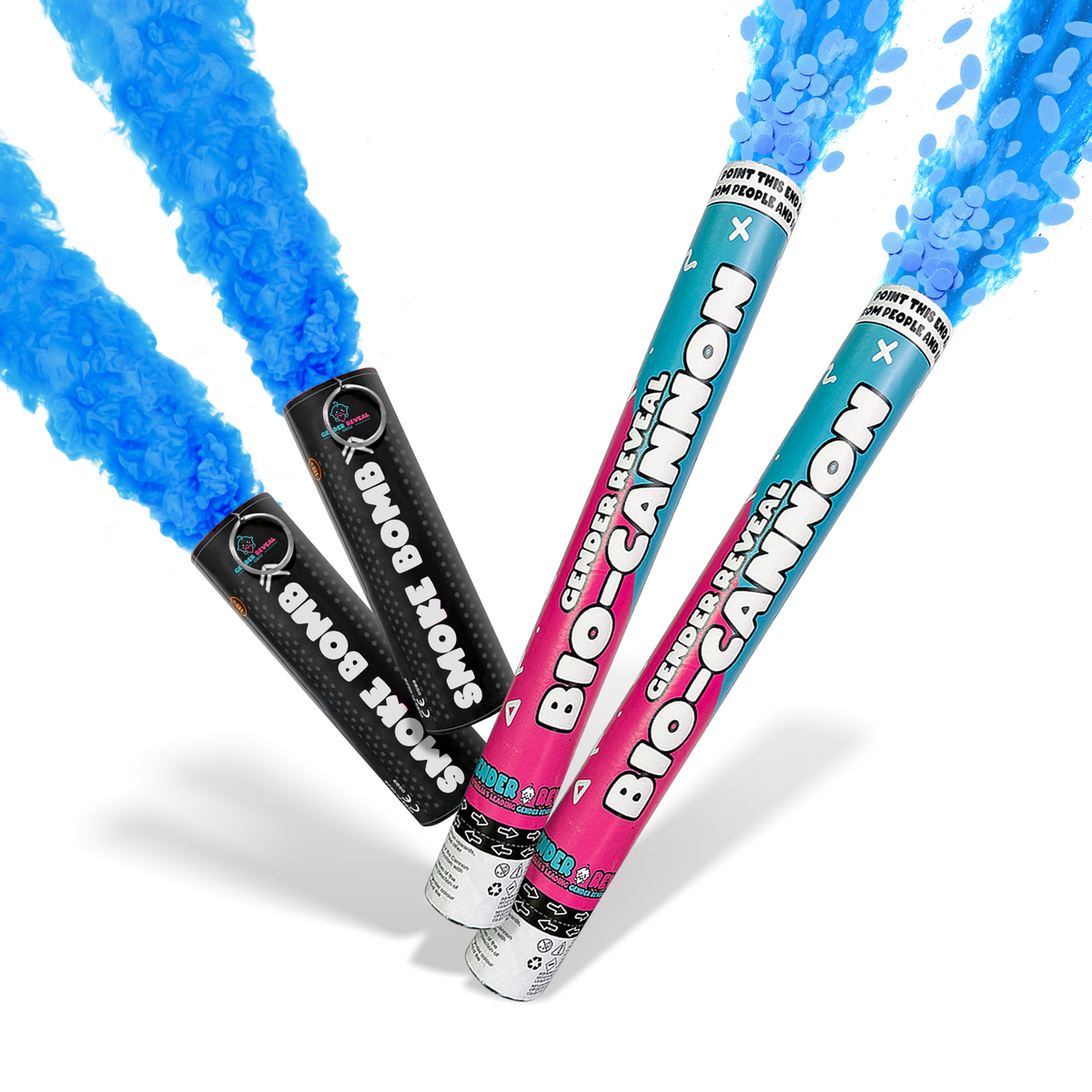 Double Gender Reveal Smoke & Cannon Bundle with vibrant blue smoke for an unforgettable gender reveal celebration.