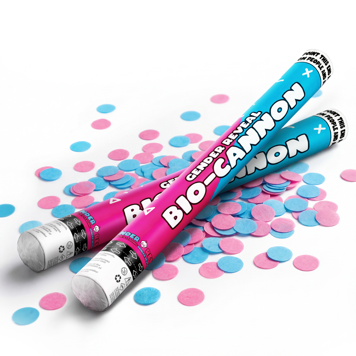 Two biodegradable gender reveal bio-cannons with pink and blue confetti scattered on white background for celebrations
