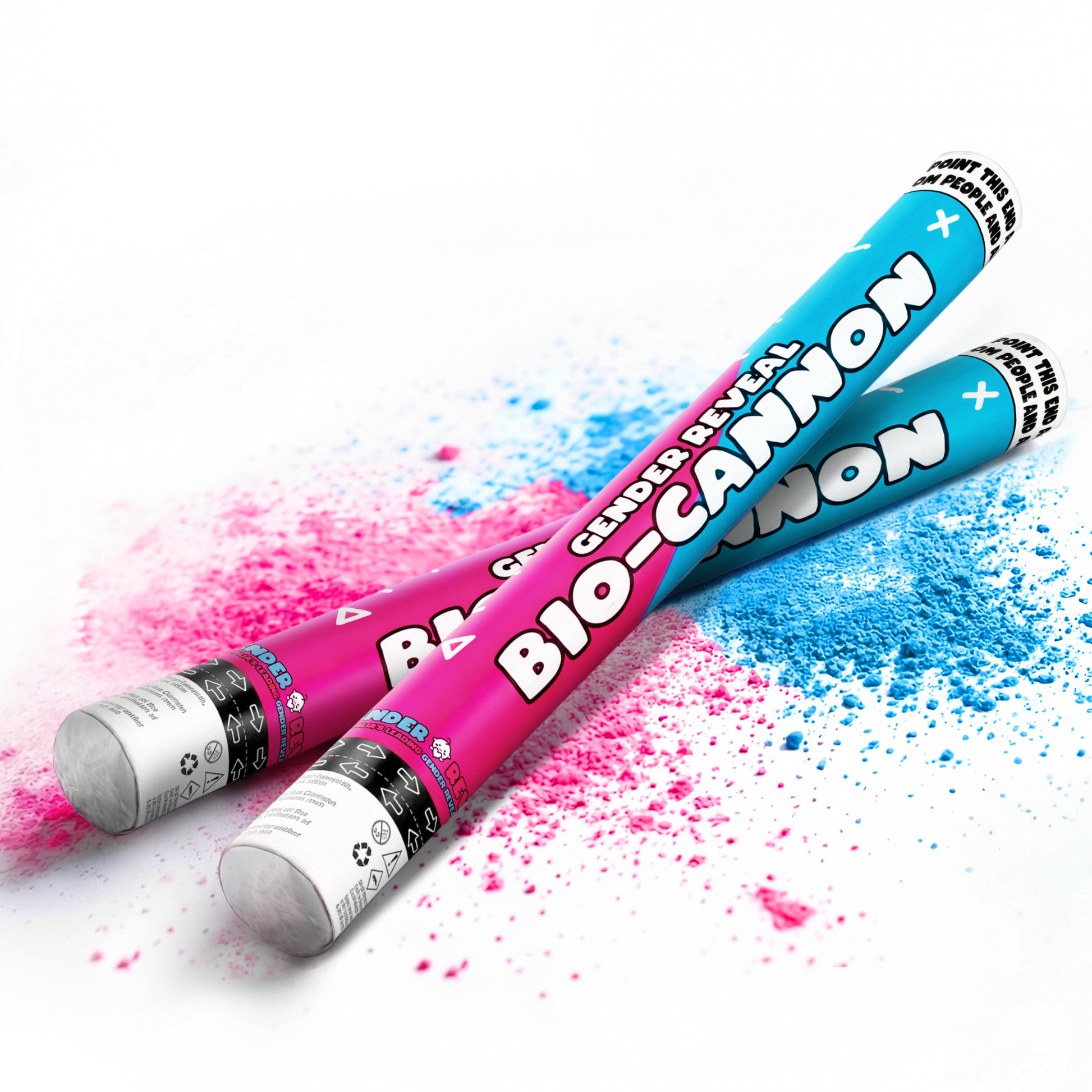 Two gender reveal bio-cannons releasing pink and blue powder with matching color splashes on a white background