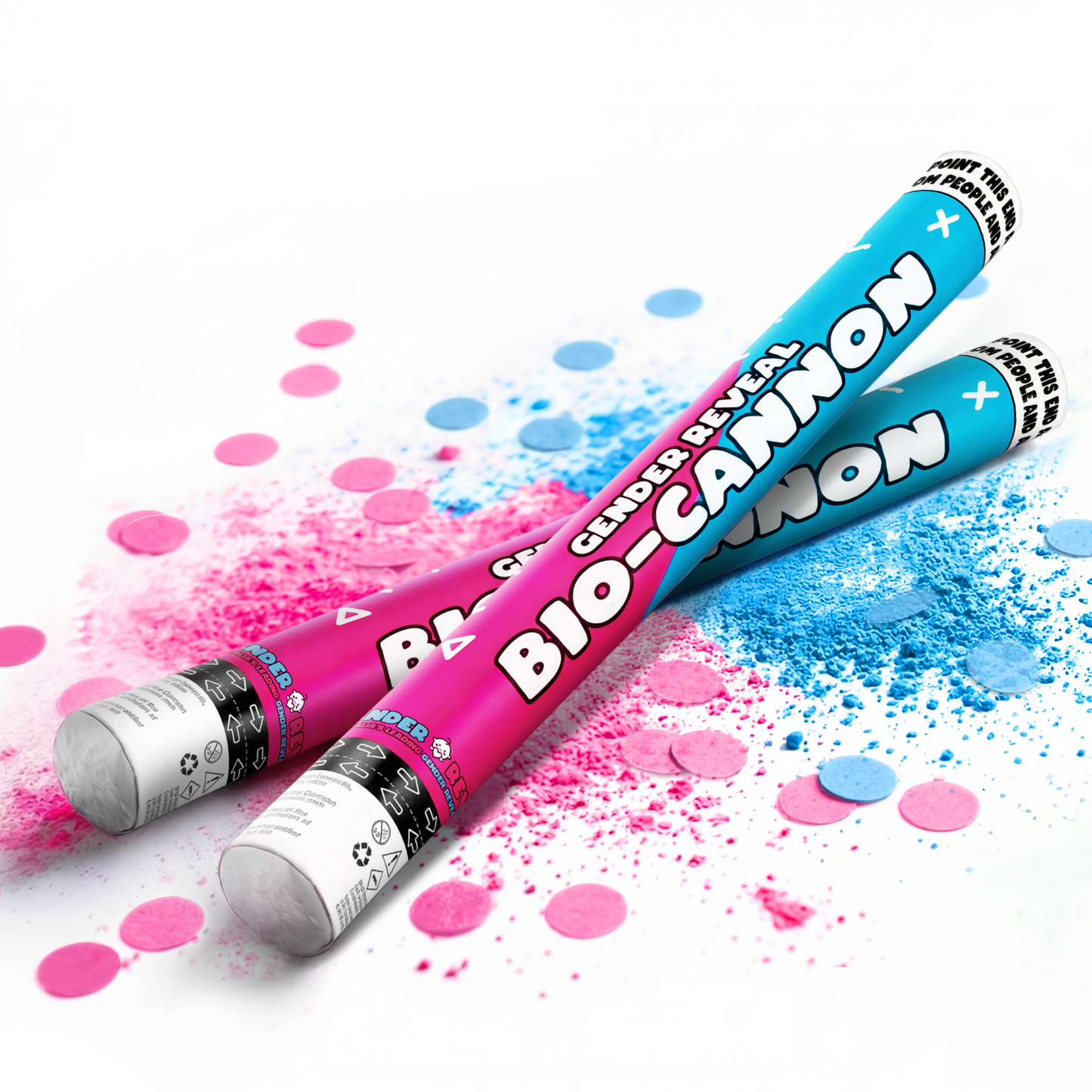 Two gender reveal bio-cannons with blue and pink powder and confetti scattered on a white background