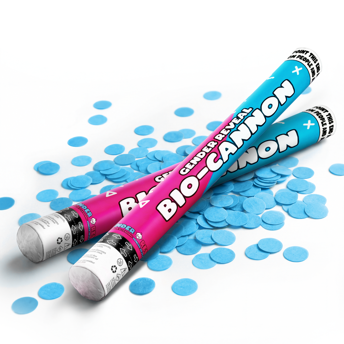 Two gender reveal bio-cannons with blue confetti dots scattered on a white background for celebration events
