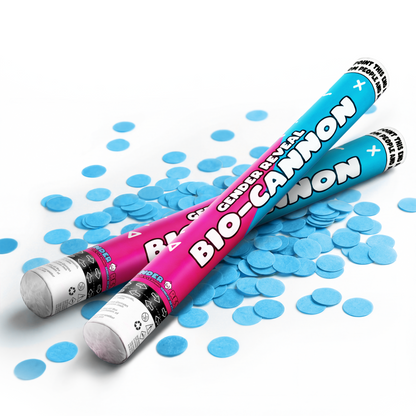 Two gender reveal bio-cannons with blue confetti dots scattered on a white background for celebration events