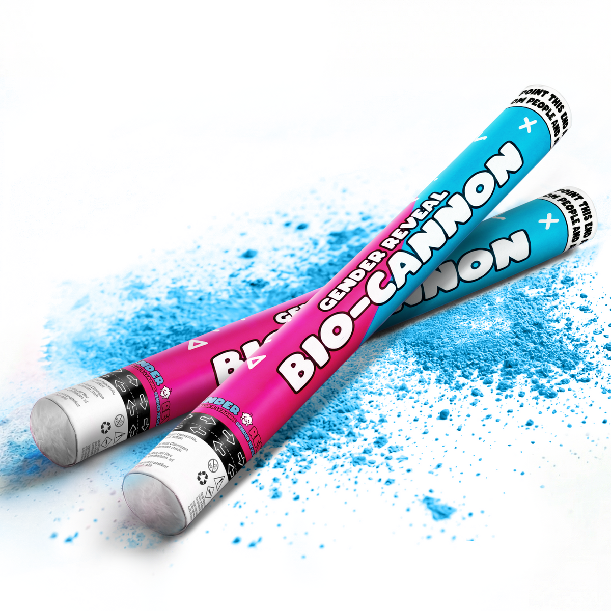 Two gender reveal bio powder cannons with pink and blue colors releasing powder for celebration parties