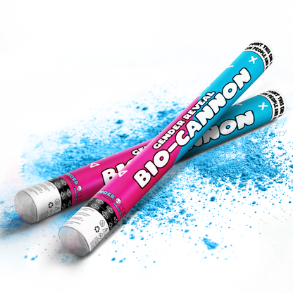 Two gender reveal bio powder cannons with pink and blue colors releasing powder for celebration parties