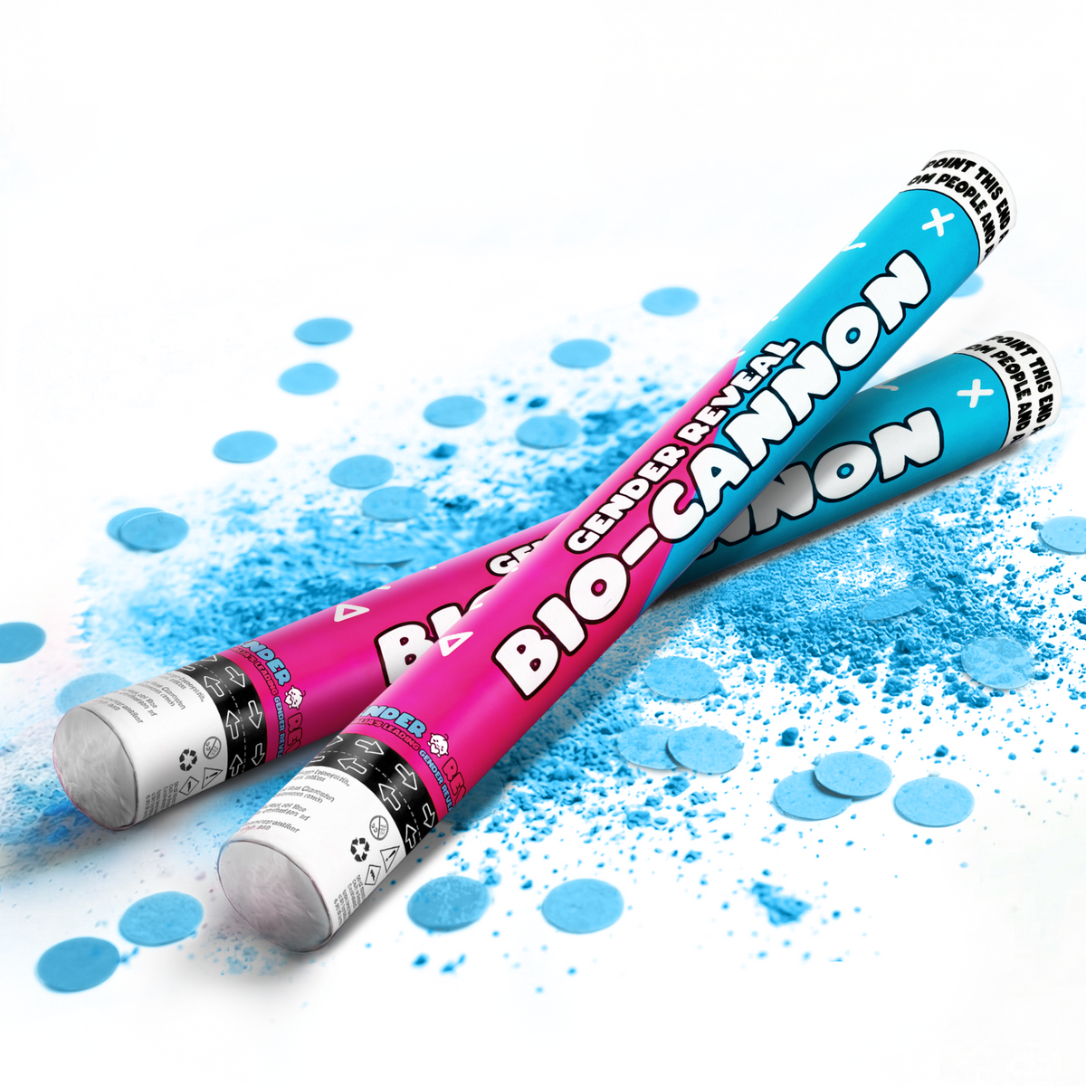 Two gender reveal bio-cannons with blue and pink powder and confetti scattered on white background for celebrations