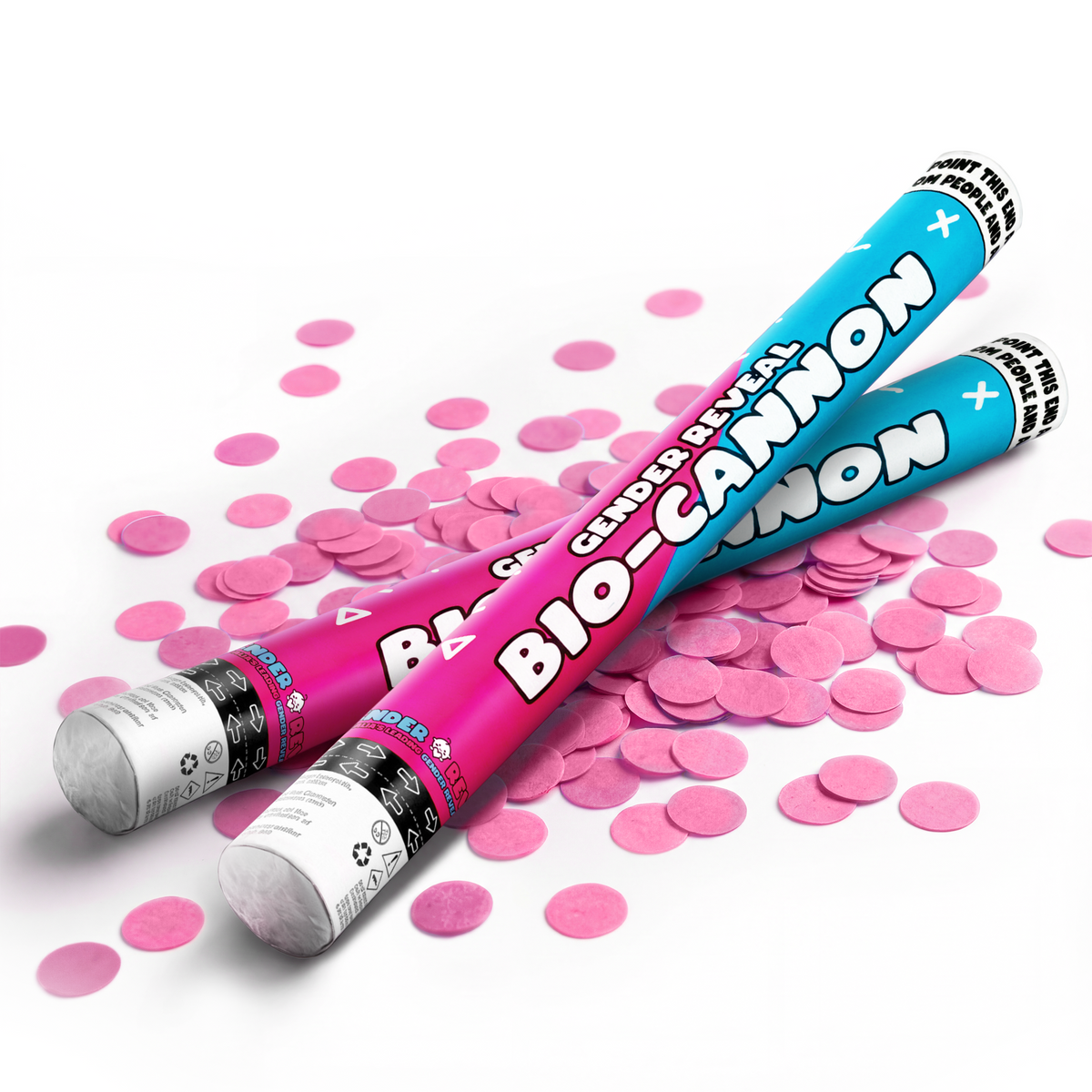 Two pink bio-degradable gender reveal confetti cannons with pink confetti scattered on white background