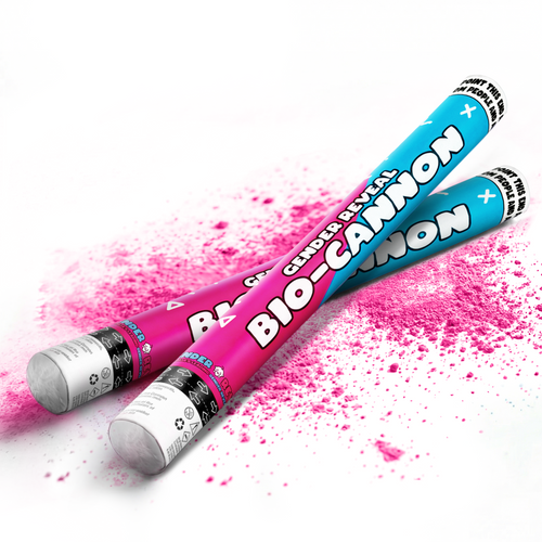 Two gender reveal bio-cannons with blue and pink powder bursts for celebration party bundle set on white background