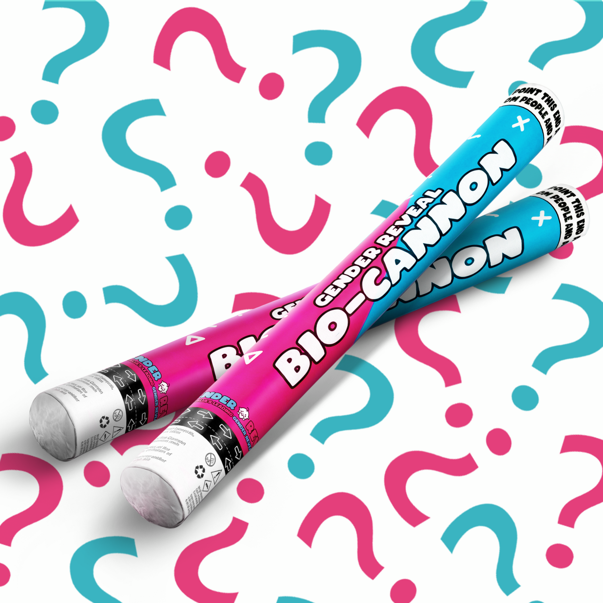 Two gender reveal bio-cannons in pink and blue on a white background with matching pink and blue question marks.