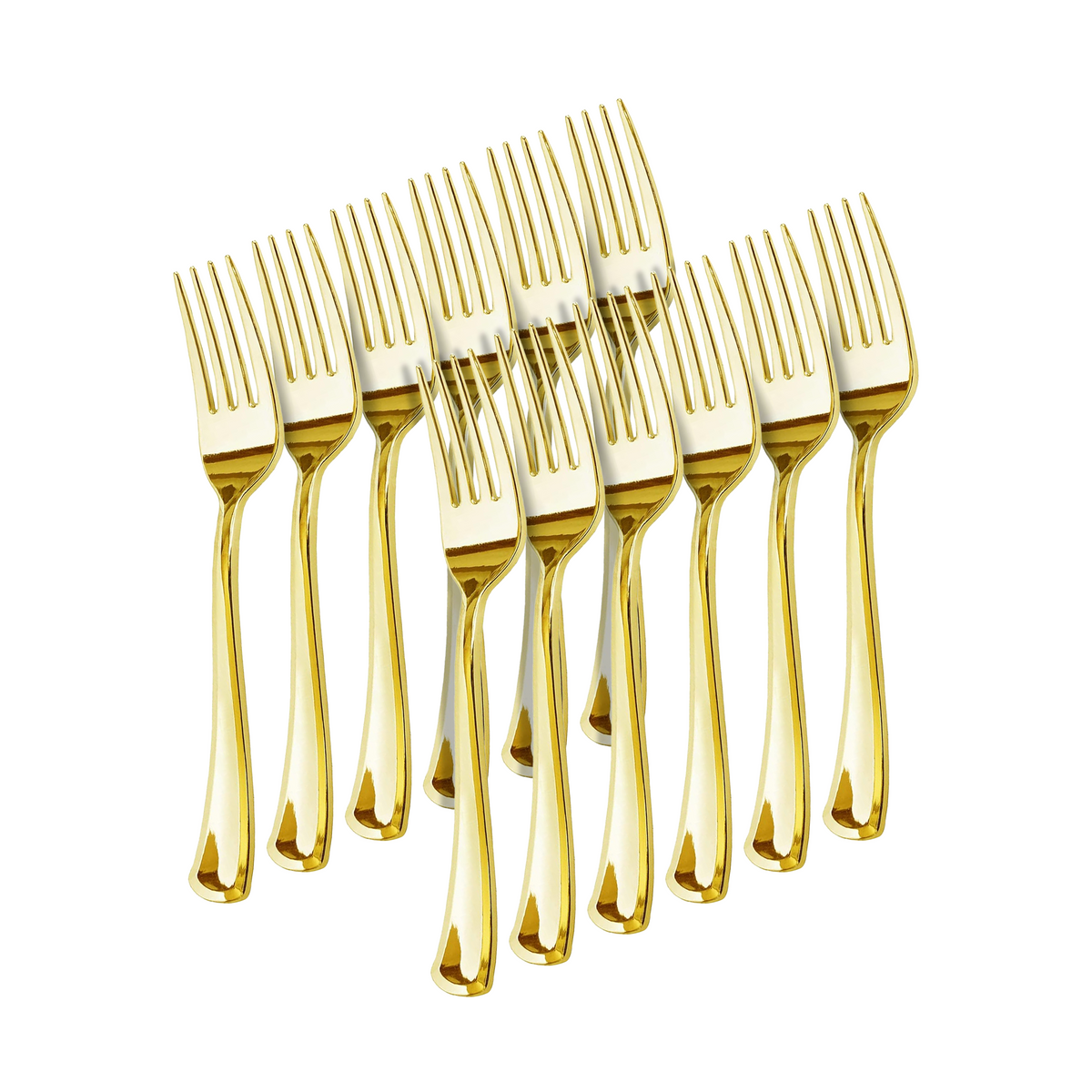 Gold Re-Usable Party Forks arranged in a cluster, showcasing elegant and sustainable gold finish for stylish events.
