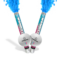 Golf Gender Reveal Cannon Bundle with two blue smoke cannons and white golf balls releasing colorful powder for celebrations