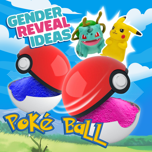 Gender Reveal Poke Ball 2 pack featuring two red and white Poke Balls with blue and pink powder, accompanied by Bulbasaur and Pikachu characters against a bright blue sky background with fluffy clouds.