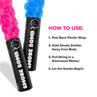 Bundle Pack Extreme Gender Reveal Smoke Bomb showing pink and blue smoke with usage instructions on white background.