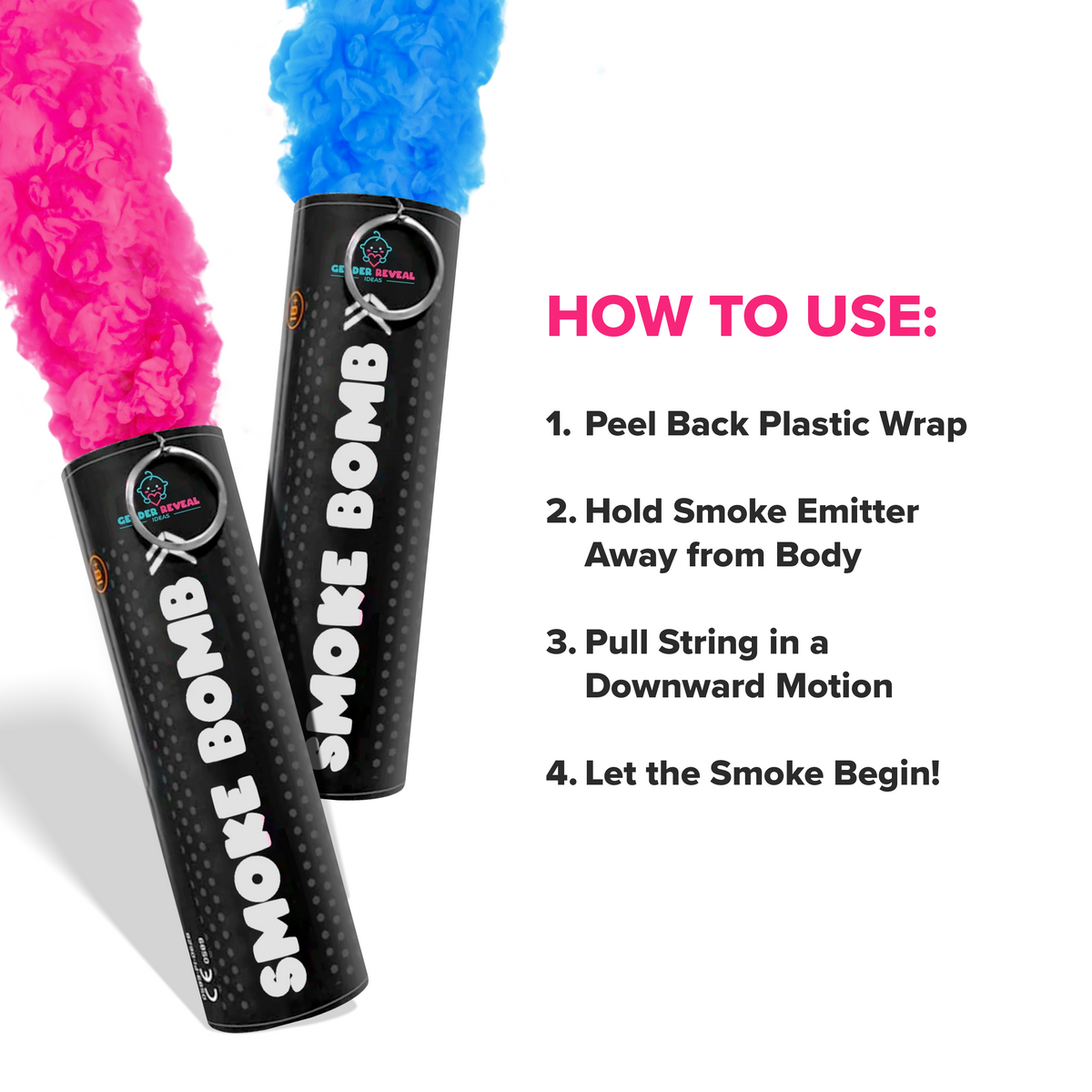 Bundle Pack Extreme Gender Reveal Smoke Bomb showing pink and blue smoke with usage instructions on white background.