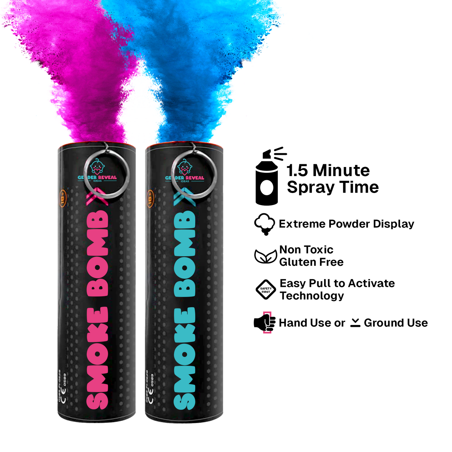 Extreme Gender Reveal Smoke Bomb/Emitter featuring two black cylindrical canisters releasing vibrant pink and blue smoke plumes, with product features displayed including 1.5-minute spray time, non-toxic formula, and easy pull activation technology.