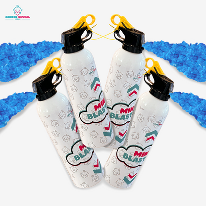 Quad Mini Powder Blaster Bundle featuring four white powder cannons with yellow triggers and black caps, arranged symmetrically against white background with decorative blue powder effects. Perfect for gender reveal celebrations.