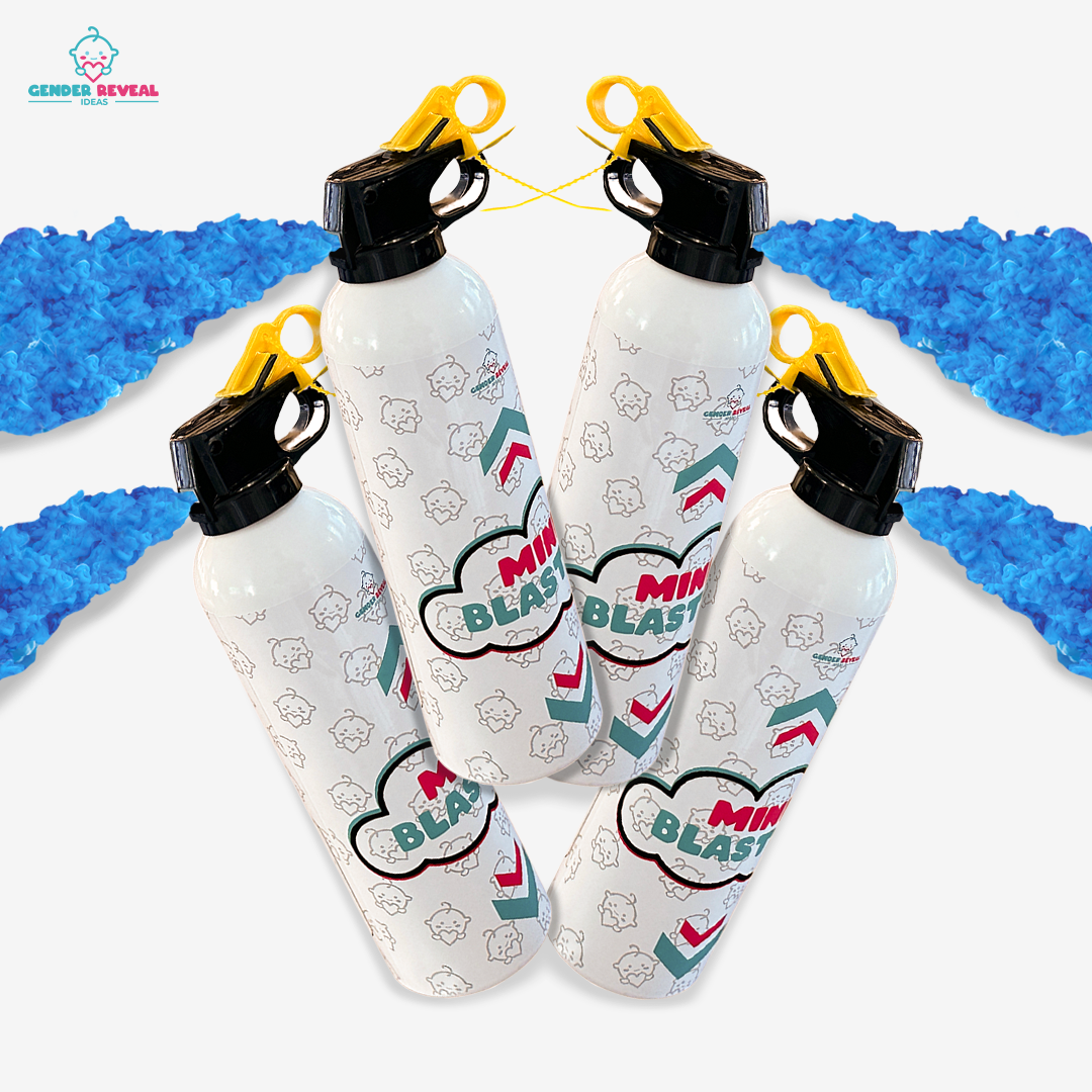 Quad Mini Powder Blaster Bundle featuring four white powder cannons with black and yellow trigger mechanisms, decorated with cute cloud patterns and text, arranged symmetrically against a white background with blue powder accents on sides.