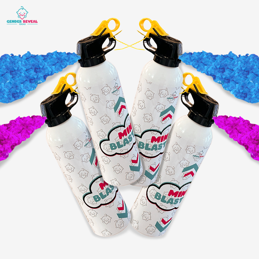 Quad Mini Powder Blaster Bundle featuring four white powder cannons with black and yellow triggers, displayed with blue and pink powder trails, perfect for gender reveal celebrations. Each blaster features playful cloud-shaped logo designs and patterns.