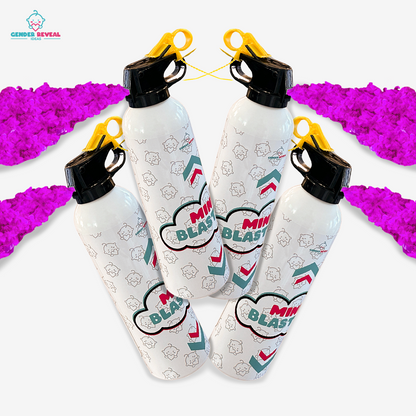 Quad Mini Powder Blaster Bundle featuring four white powder cannons with black and yellow triggers, displayed symmetrically against bright pink powder clouds, perfect for gender reveal celebrations and special announcements.