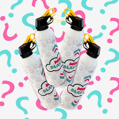 Quad Mini Powder Blaster Bundle featuring four white powder dispensers with black caps and yellow triggers, displayed against a playful background of pink and turquoise question marks, perfect for gender reveal celebrations.