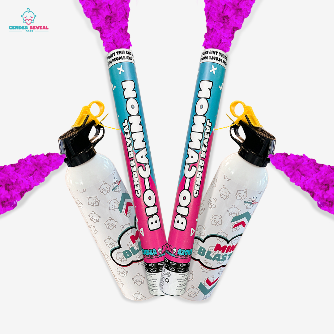 Gender Reveal Cannon & Extinguisher Double Bundle featuring two teal-colored smoke cannons releasing vibrant pink smoke, paired with two white mini blaster bottles with decorative designs, arranged symmetrically against a white background