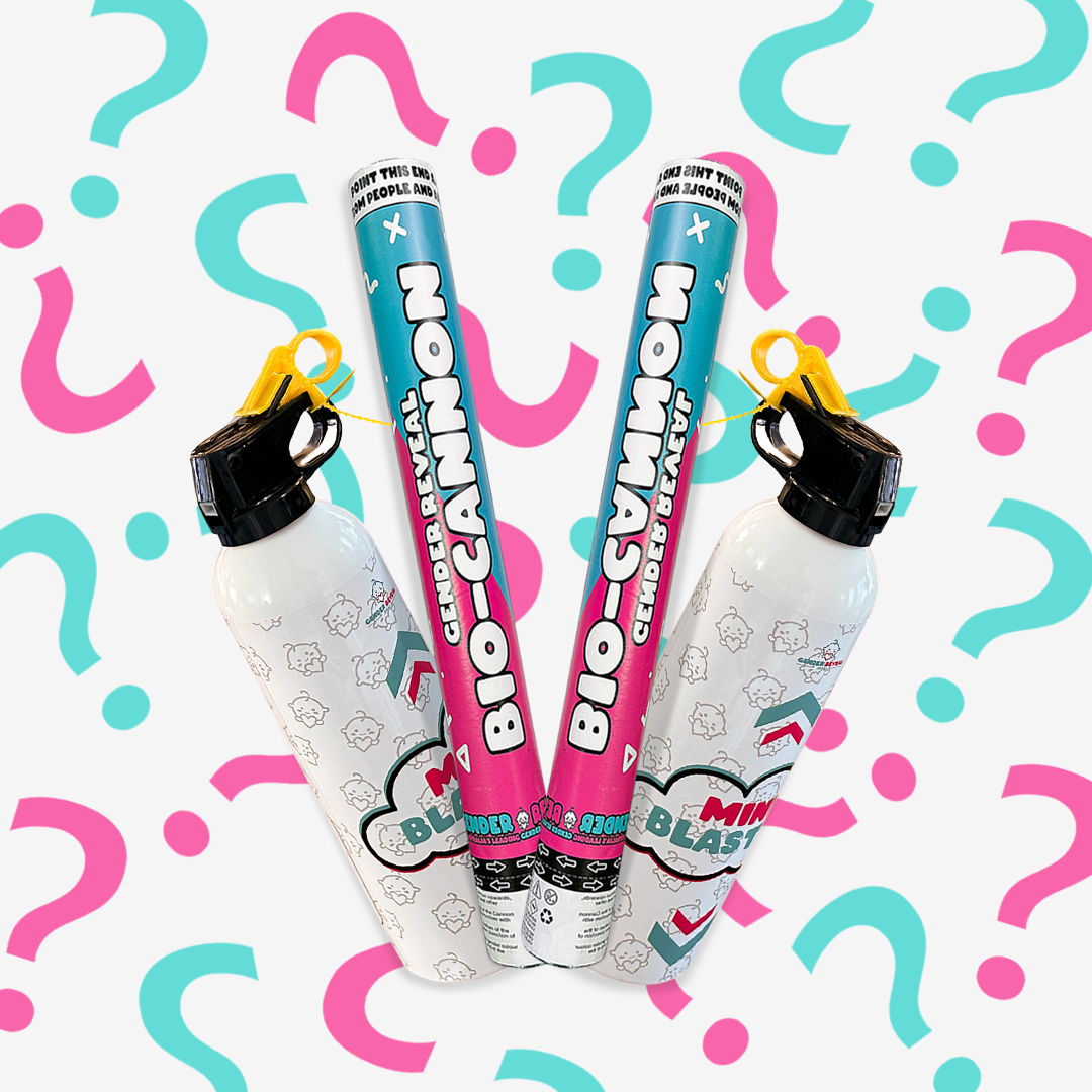 Gender Reveal Cannon & Extinguisher Double Bundle featuring two blue and pink confetti cannons and two white decorative mini blasters displayed against a playful background with pink and blue question marks