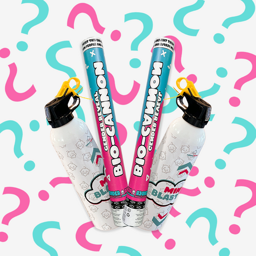 Gender Reveal Cannon & Extinguisher Double Bundle featuring two blue and pink confetti cannons and two white decorative mini blasters displayed against a playful background with pink and blue question marks