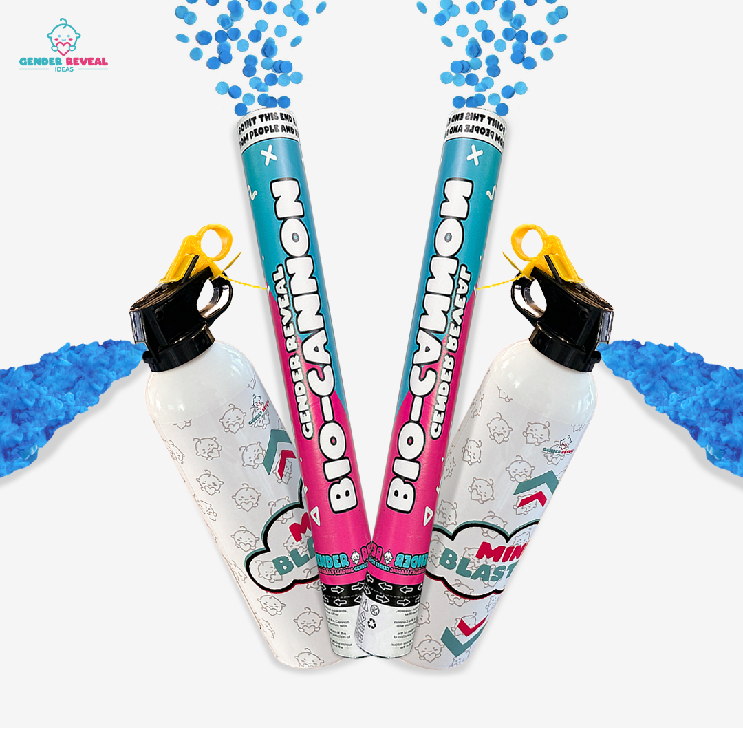 Gender Reveal Cannon & Extinguisher Double Bundle featuring two turquoise confetti cannons releasing bright blue powder clouds and two white decorative mini blasters with yellow safety handles, arranged symmetrically against white background