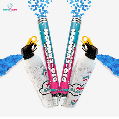 Gender Reveal Cannon & Extinguisher Double Bundle featuring two turquoise confetti cannons releasing bright blue powder clouds and two white decorative mini blasters with yellow safety handles, arranged symmetrically against white background