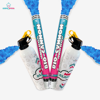 Gender Reveal Cannon & Extinguisher Double Bundle featuring two blue smoke cannons and two white mini blasters with decorative designs, arranged symmetrically against white background. Cylinders display bold product branding in turquoise and pink colors.