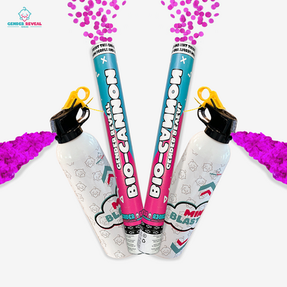 Gender Reveal Cannon & Extinguisher Double Bundle featuring two teal confetti cannons releasing bright pink confetti and two white mini blaster bottles with decorative patterns, arranged symmetrically against a white background