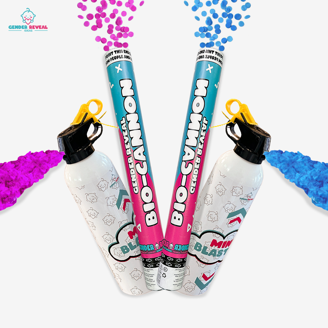 Gender Reveal Cannon & Extinguisher Double Bundle featuring two teal-colored confetti cannons releasing pink and blue powder bursts, alongside two white mini blaster bottles with decorative patterns, arranged symmetrically on a white background