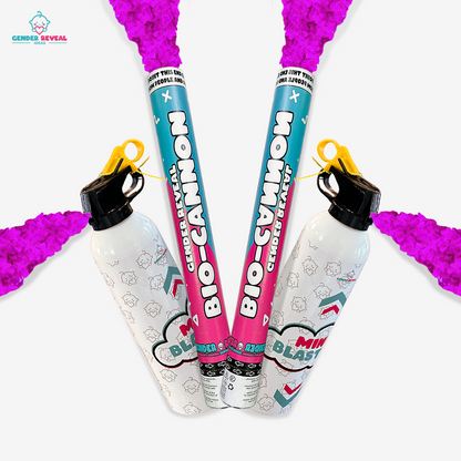 Gender Reveal Cannon & Extinguisher Double Bundle featuring two blue twist-action powder cannons releasing vibrant pink smoke, paired with two white decorative mini blaster bottles with yellow caps, displayed symmetrically on a white background.