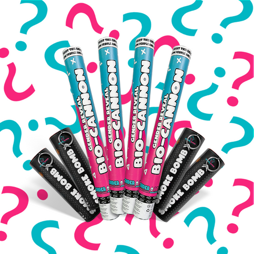 Gender Reveal Mega Smoke and Cannon Effect Bundle with vibrant pink and blue smoke canisters and smoke bombs for celebrations
