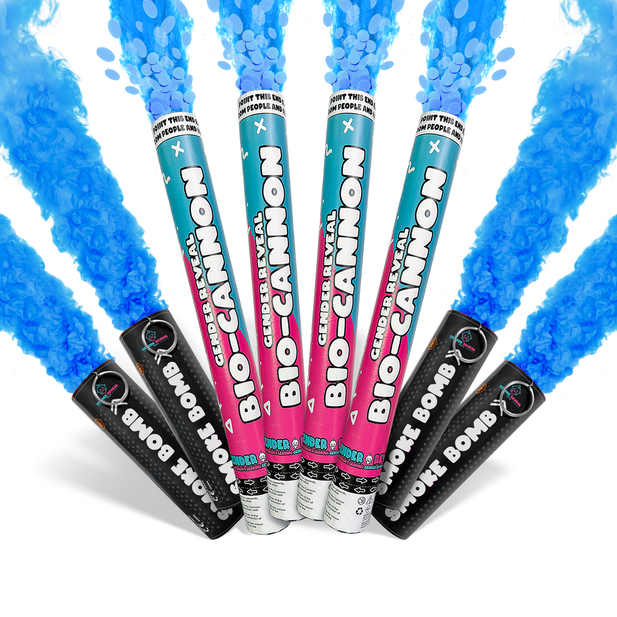 Gender Reveal Mega Smoke & Cannon Effect Bundle with vibrant blue smoke and confetti for memorable gender reveal moments