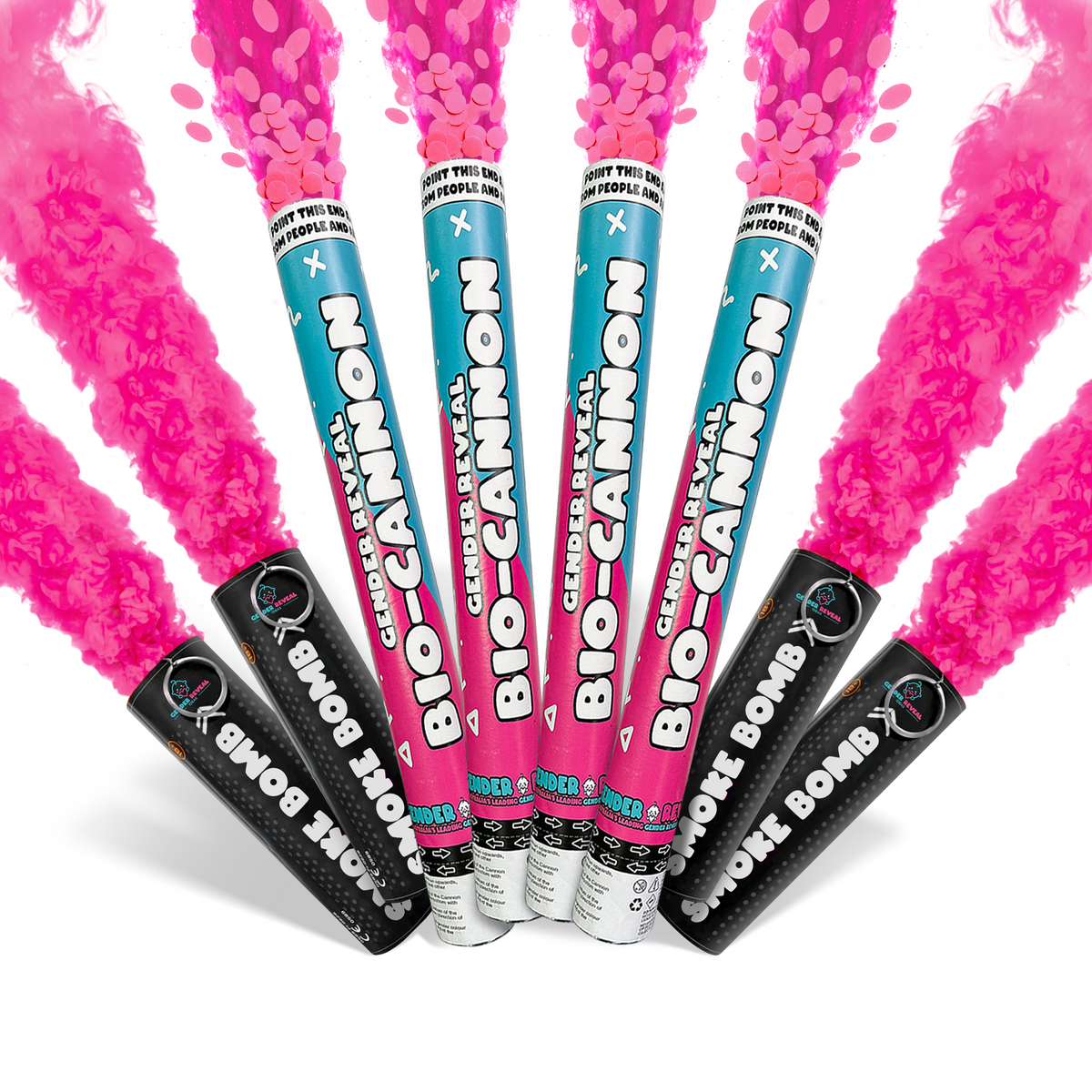 Gender Reveal Mega Smoke and Cannon Effect Bundle showing pink smoke from bio-cannons and smoke bombs celebration reveal