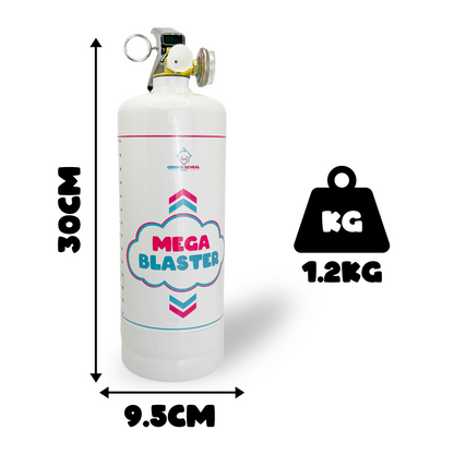 Gender Reveal Extinguisher MEGA Powder Blaster: White cylindrical powder dispenser with blue and pink logo design, measuring 30cm height and 9.5cm width, weighing 1.2kg. Features professional safety valve and measurement indicators for precise gender reveal celebrations.